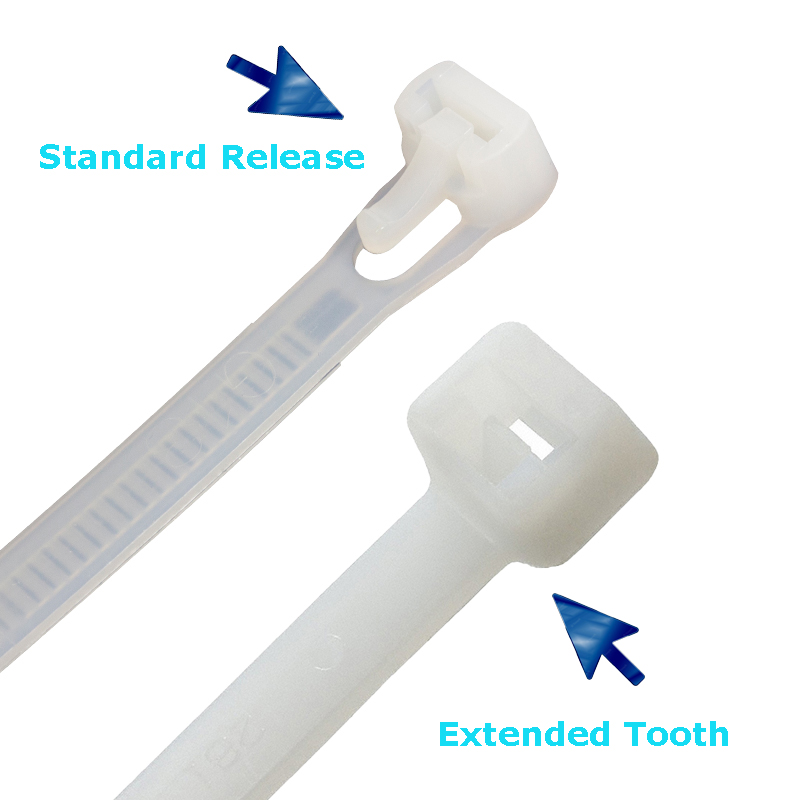 Releasable/Reusable Cable Ties - Extended Tooth & Standard Release Type Natural cable ties