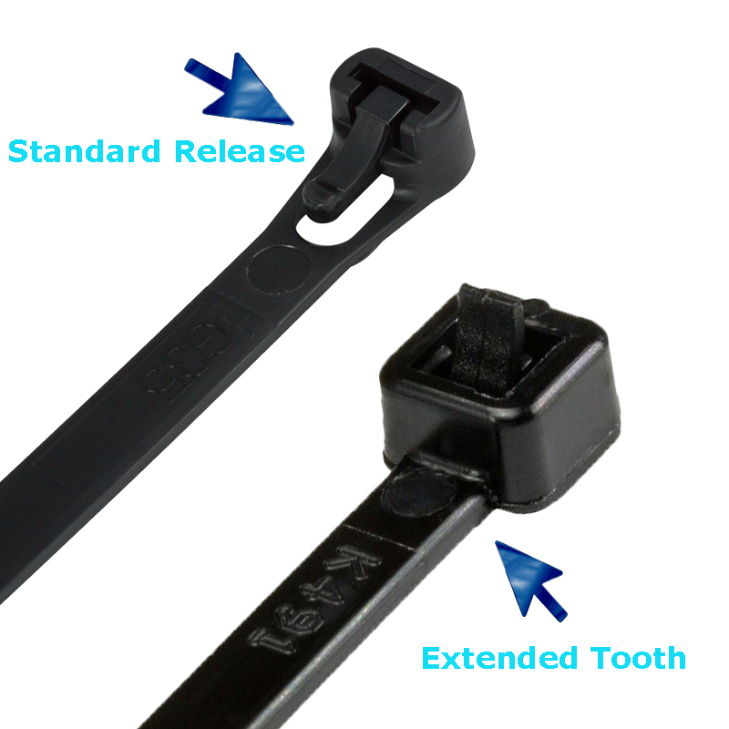 Releasable Cable Ties - Extended Tooth & Standard Release Type Black cable ties